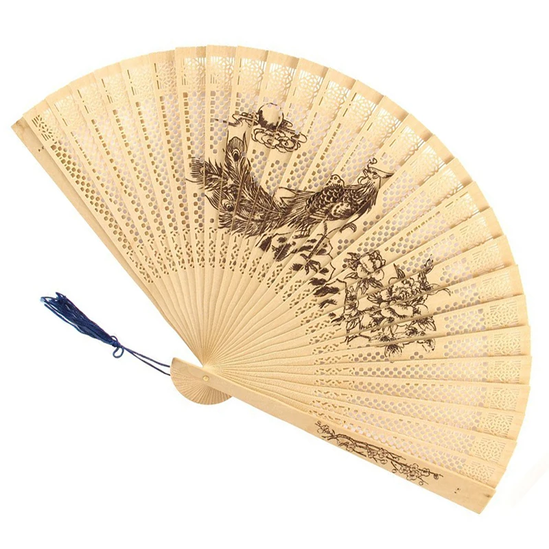 Женский веер с принтом павлина деревянный складной бежевый | Дом и сад