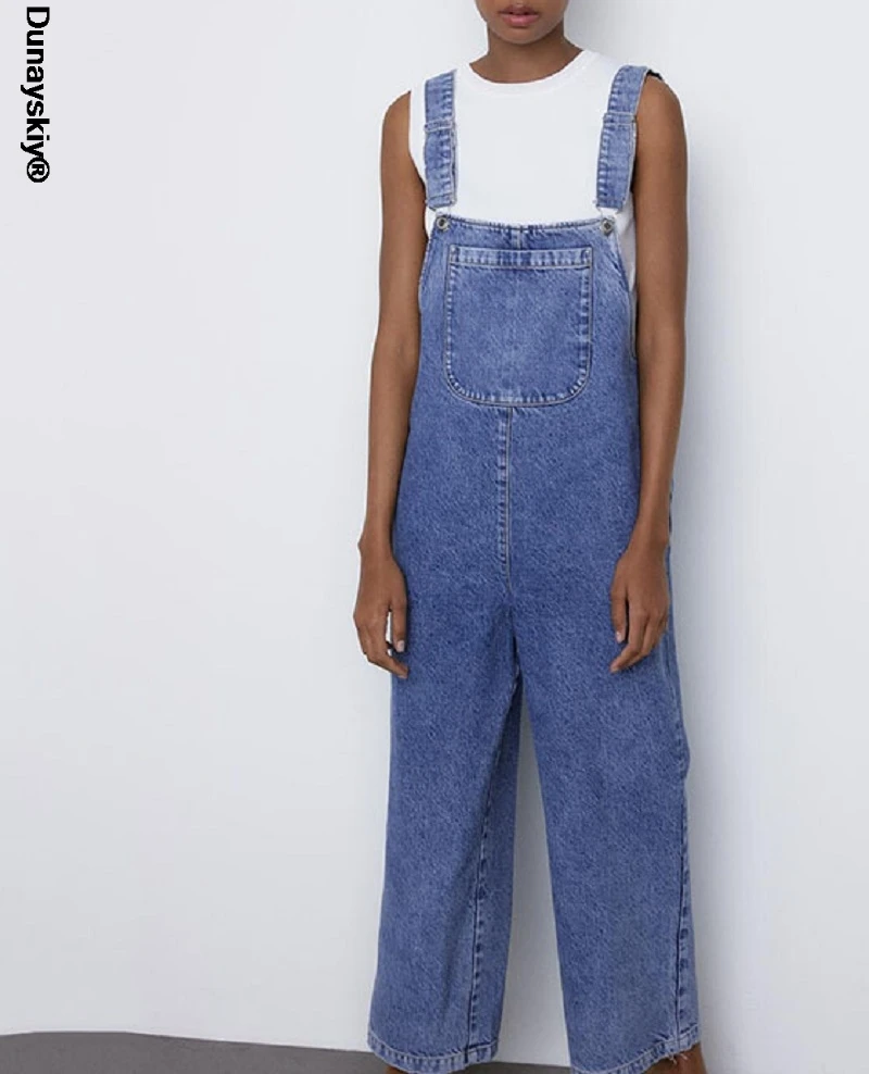 

Women Summer Denim Jumpsuits Rompers Sleeveless Strap Pockets Loose Ankle-Length Pants Female Casual Playsuit Overalls