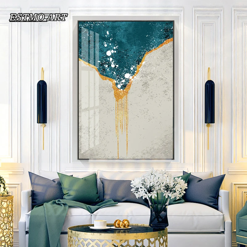 

Canvas Art Modern Art For Home Wall Decor HD Blue and gold lines Poster Nordic print living room Bedside picture