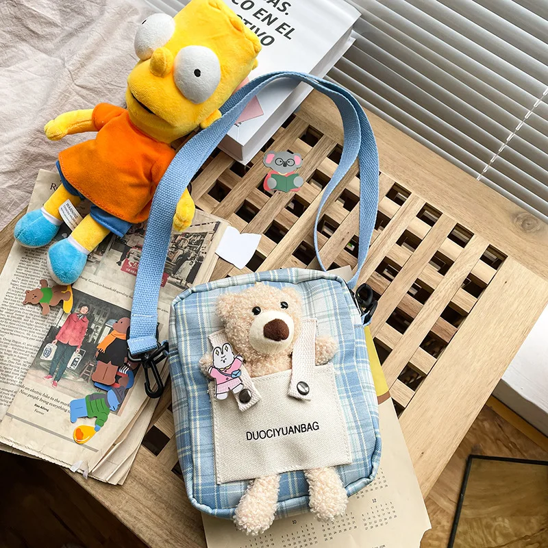 

WFFJapanese ins small fresh Plaid canvas bag cute bear girl Canvas Bag Messenger Bag kawaii bag fashion back to school backpacks