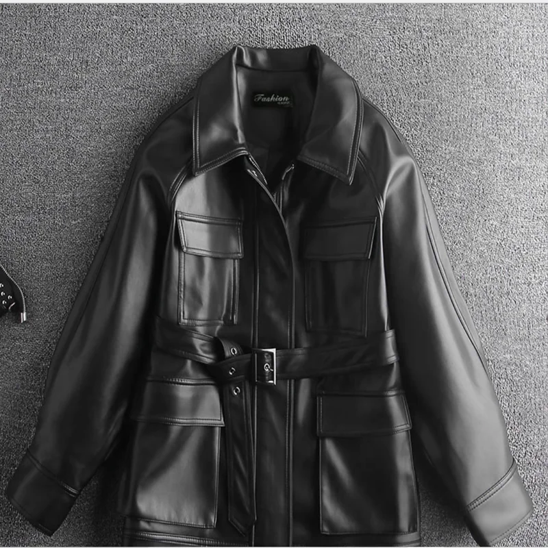 

Spring and Autumn 2020 New Leather Jacket Women's Motorcycle Wear In The Long Retro Loose Black PU Leather Jacket