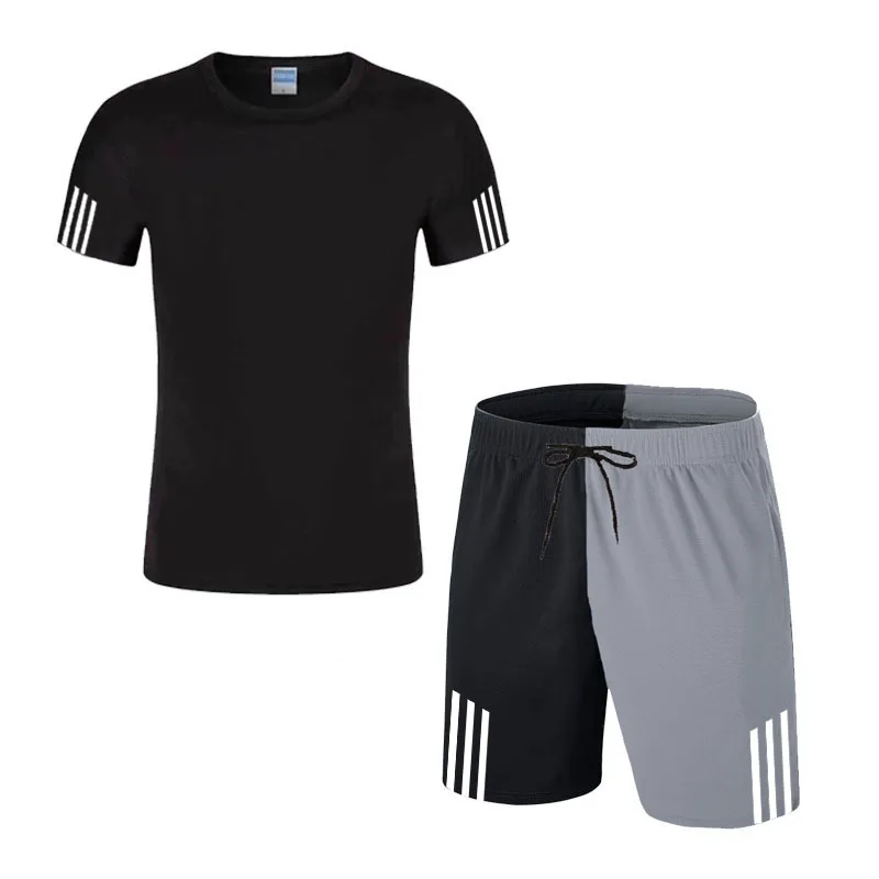 

Men Sets Summer Tracksuit Men Stripe Short Sleeve T-shirt 2 Piece+Shorts Quick Drying Short Set Fashion Splicing Outfit