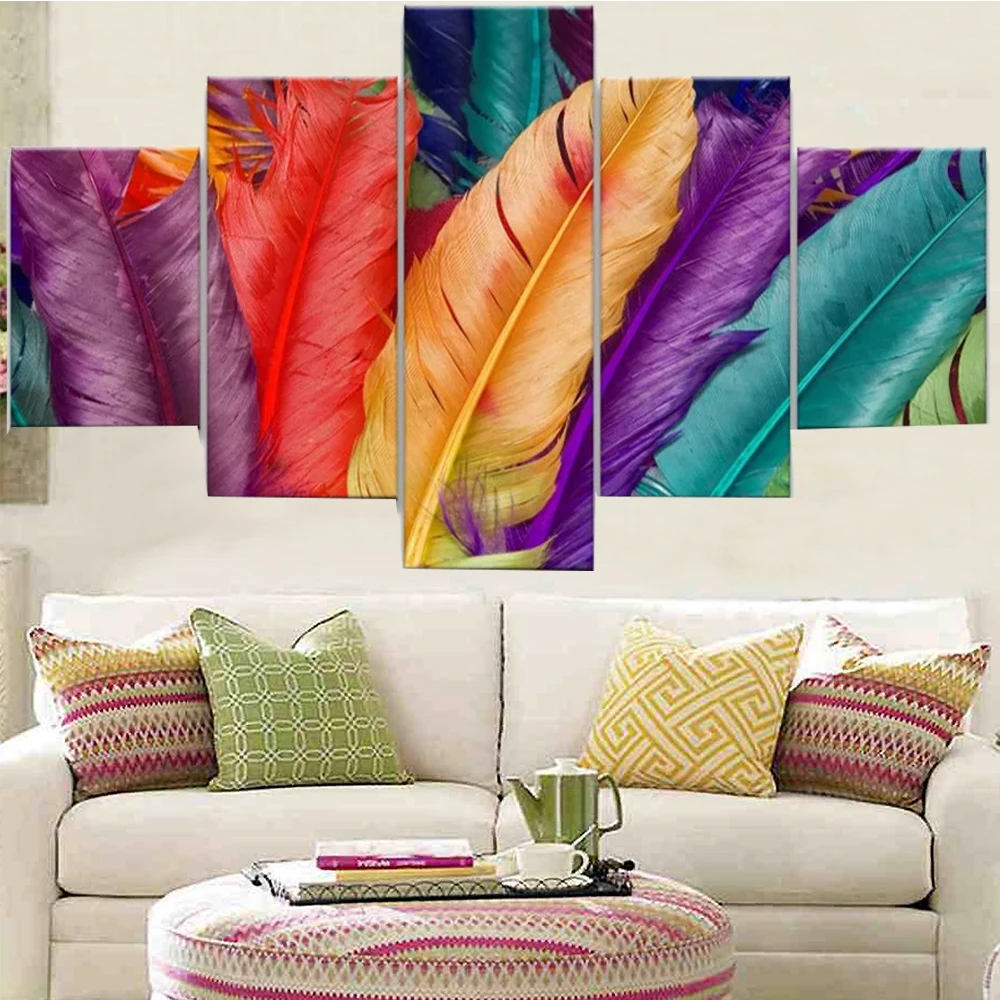 

5 Pieces Wall Art Canvas Painting Colorful Feather Poster Modern Home Living Room Bedroom Modular Pictures Decoration Framework