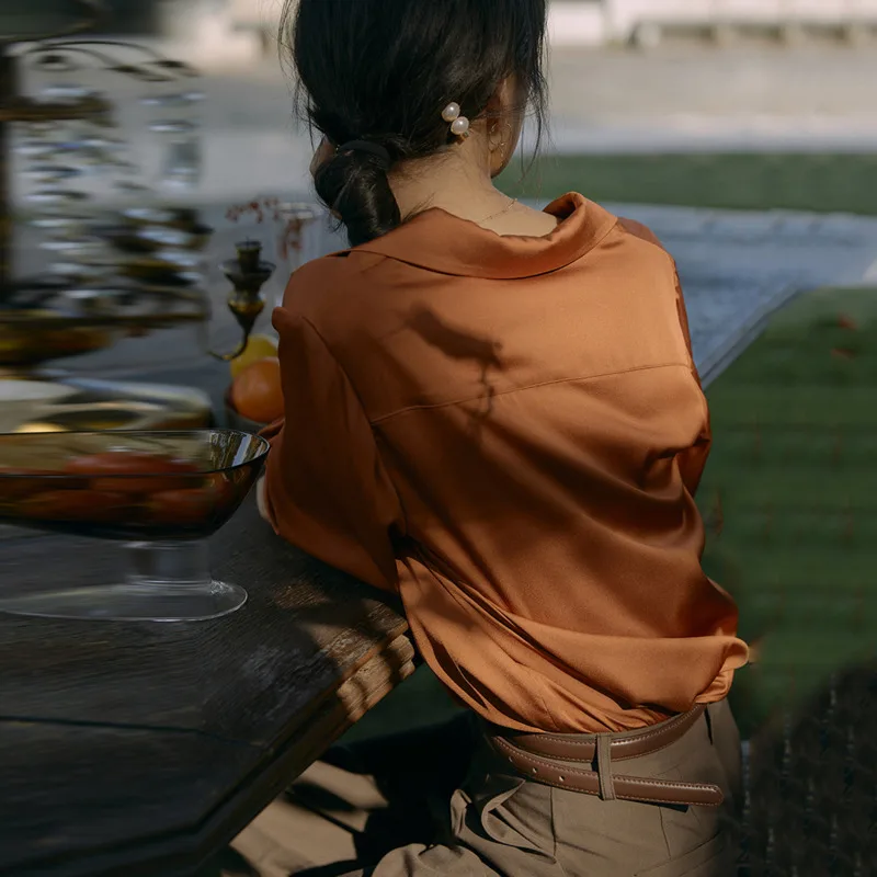 

LANMREM Oil Painting Shirt Women Autumn 2021 French Style Turn-down Collar Vintage Lantern Sleeve Temperament Orange Top 2A2186