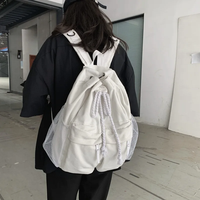 

Schoolbag Women's Korean-Style High School Student Retro Drawstring Chic Canvas Casual All-match Large Capacity Backpack