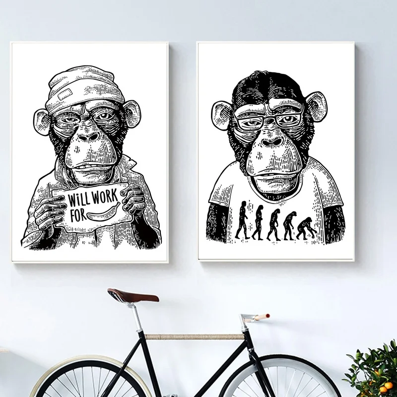 Обезьяна черный и белый постер винтажный принт животных Настенная картина на
