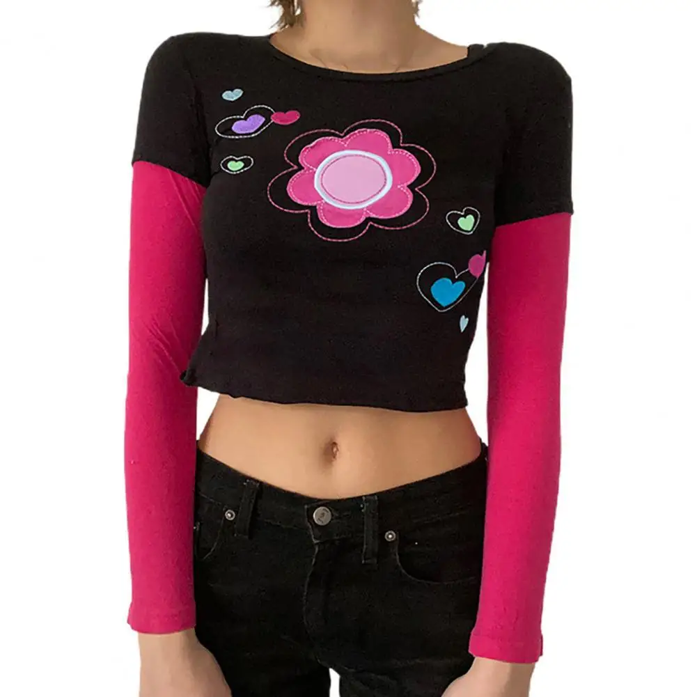 

Crop Top Long Sleeves Fake Two Cotton Blend Patchwork Cute Crop Top for Fall