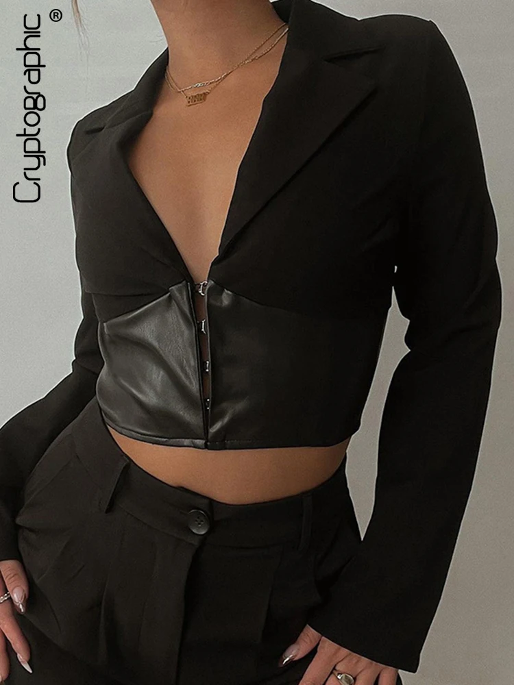 

Cryptographic Fashion PU Leather Single-Breasted Cropped Tops for Women Long Sleeve Notched Jackets Spring 2021 Streetwear