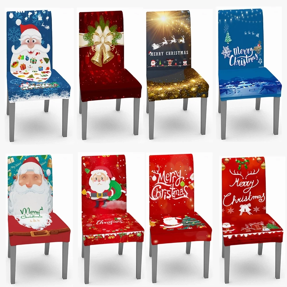 

Christmas Chair Covers Santa Claus Printed Elastic Stretch Dinning Arm Chairs Slipcover Removable Kitchen Seat Cover Home Decor