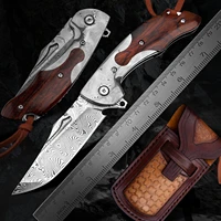 japanese style vg10 damascus folding pocket knife with leather sheath edc camping tools for outdoor activities self defense gift