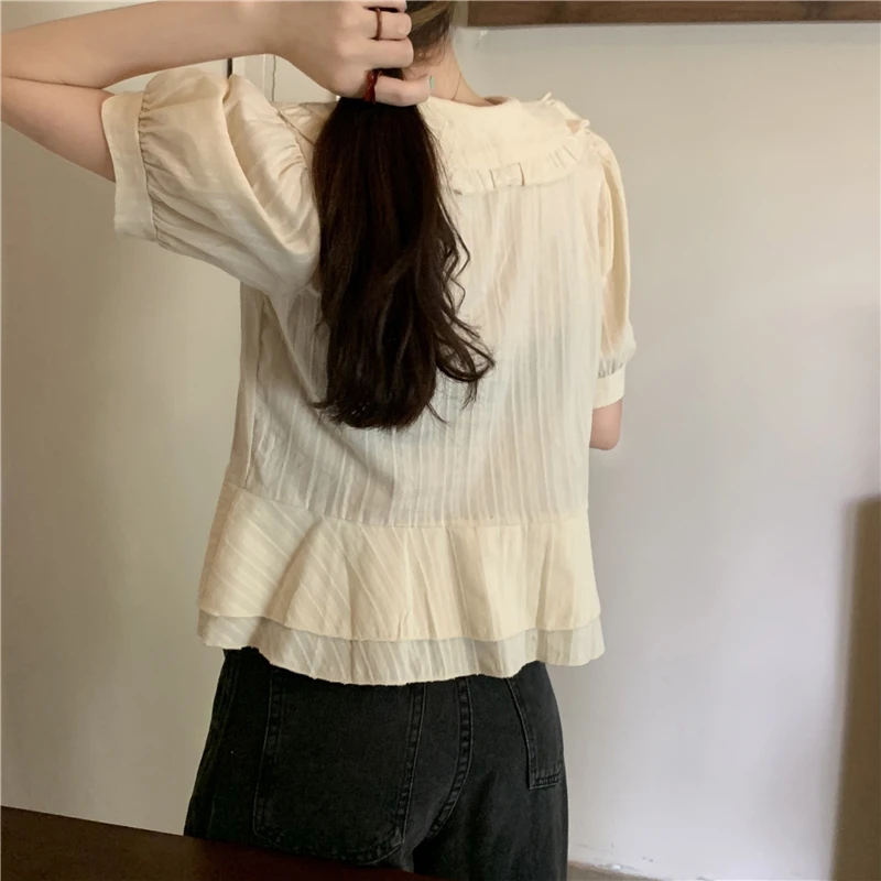 

Women Shirts Crop Top Puff Sleeve Ruffles Peter Pan Style All-match Solid Summer Elegant Sweet Girls Loose Clothing Students New