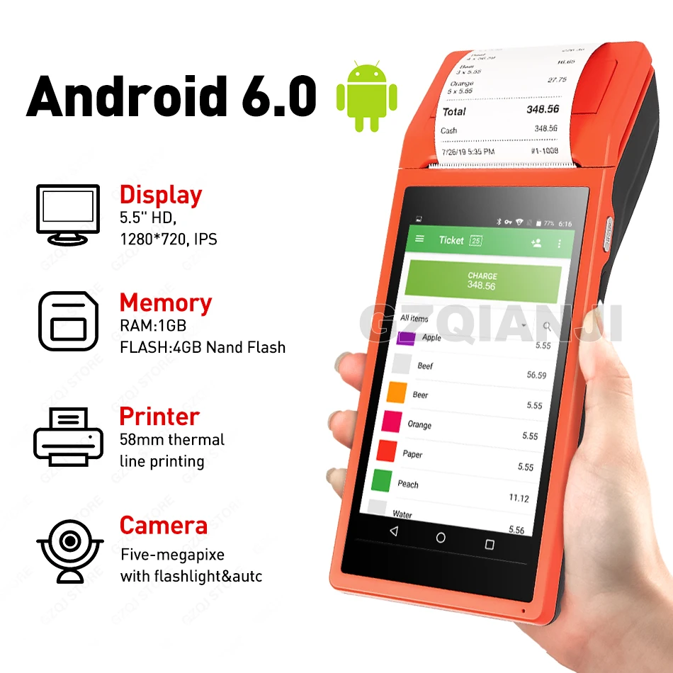Handheld Terminal Android Rugged PDA Barcode Camera Scanner Pos terminal built in thermal bluetooth printer 58mm Data Collector