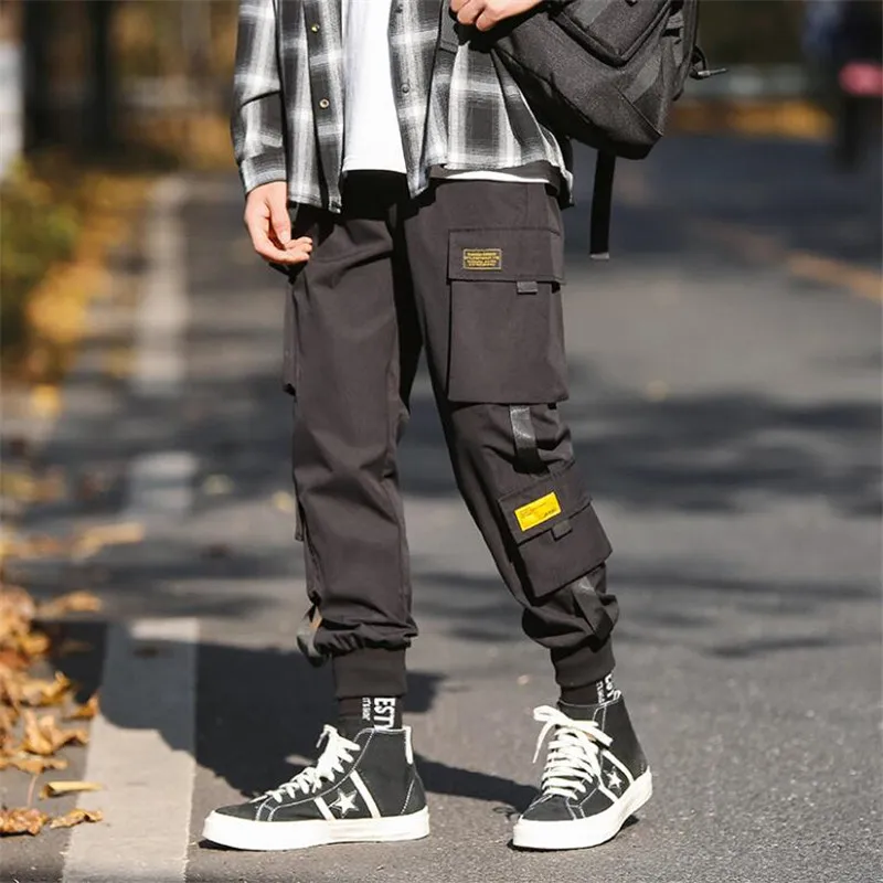 2021 Весна Брюки карго Для мужчин Drawstring хлопка много карманов ночной клуб бар брюки