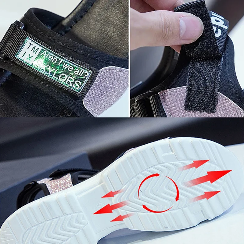 

PU Leather Sequins Patchwork Gladiator Girl Shoes Retro Hook & Loop Hollow Platform Sandals Peep Toe Hollow Casual Beach Shoes