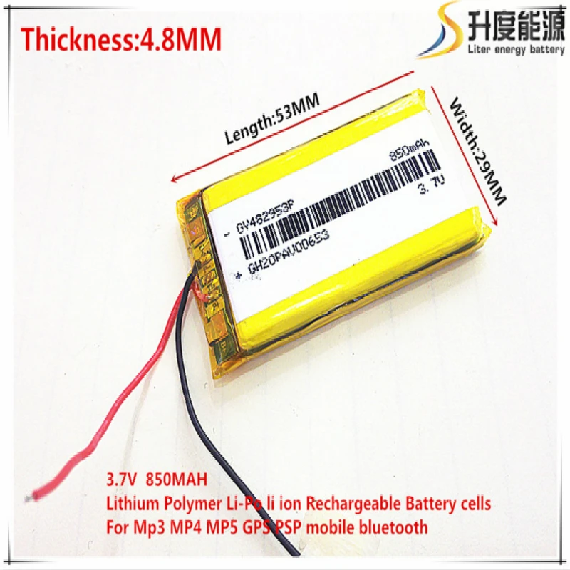 

Free shipping 3.7V,850mAH 482953 PLIB; polymer lithium ion / Li-ion battery for dvr,GPS,mp3,mp4,cell phone,speaker