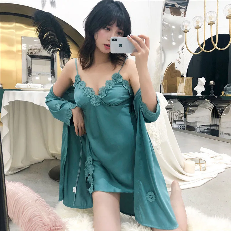 Green 2 pcs Женская сексуальная одежда для сна, халат и платье, комплект из 4 предметов, рубашка для сна+ ночная рубашка+ короткая женская домашняя пижама Пижама - Цвет: Green 2 pcs