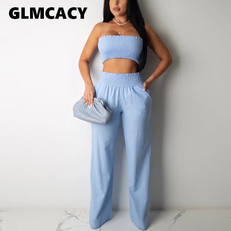 Женский шикарный Топ без бретелек и широкие брюки 2 предмета сексуальные костюмы