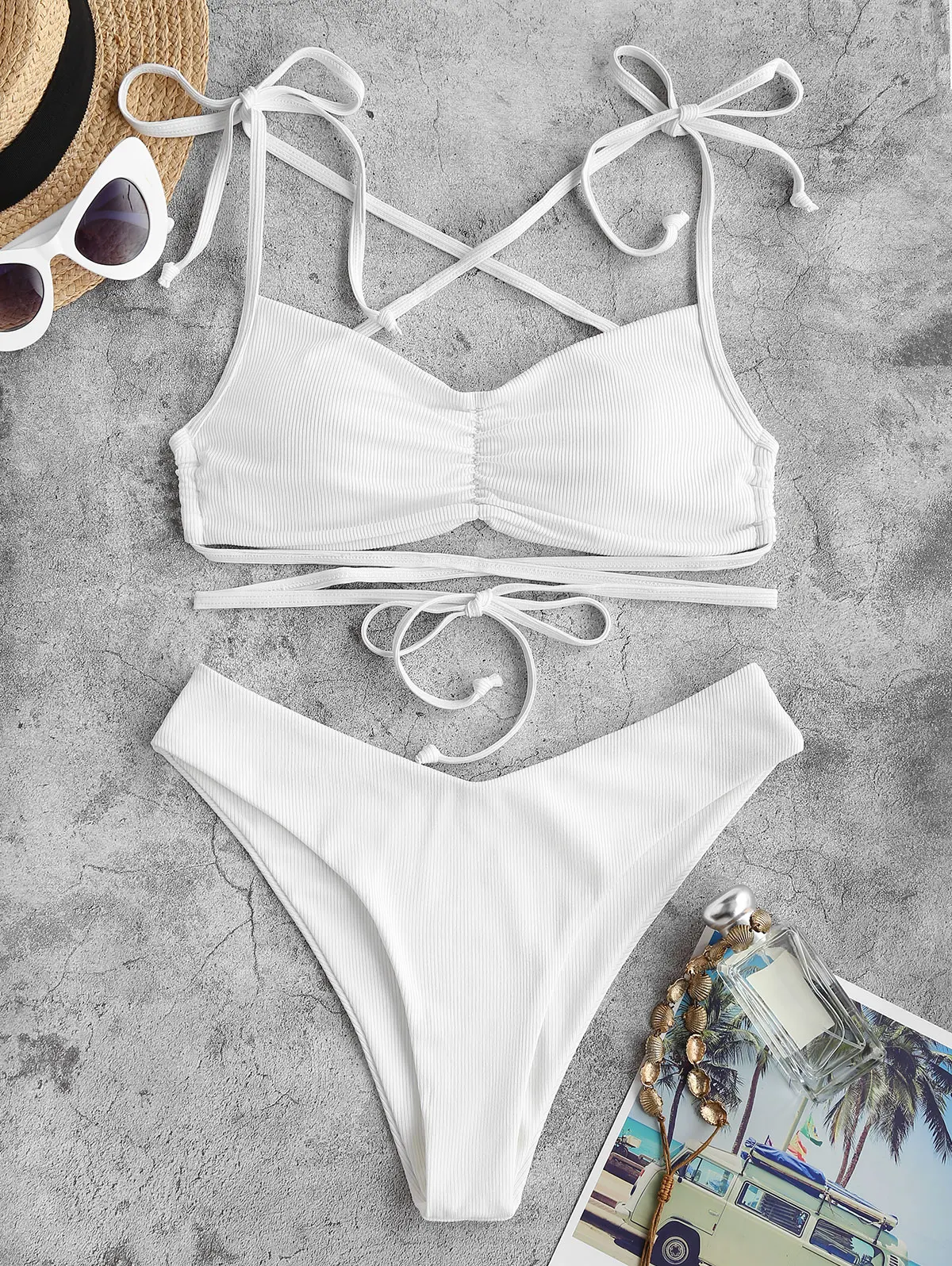 

ZAFUL Bathing Suit Strappy Ruched Ribbed Padded Bikini Set Swimwear Swimsuit Cheeky 2 Piece Women Beachwear