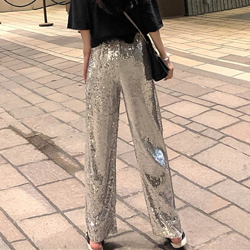 2021 Fashion The New Loose Buling Sparkling Sequin Wide Leg Slim Leisure Pants Free Shipping | Женская одежда