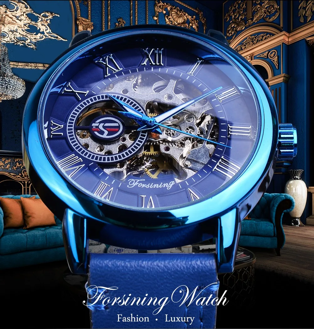 Forsining Mens Full Blue Mechanical Watches Hand Winding Analog Genuine Leather Belt Business Dress Wristwatch Relogio Masculino