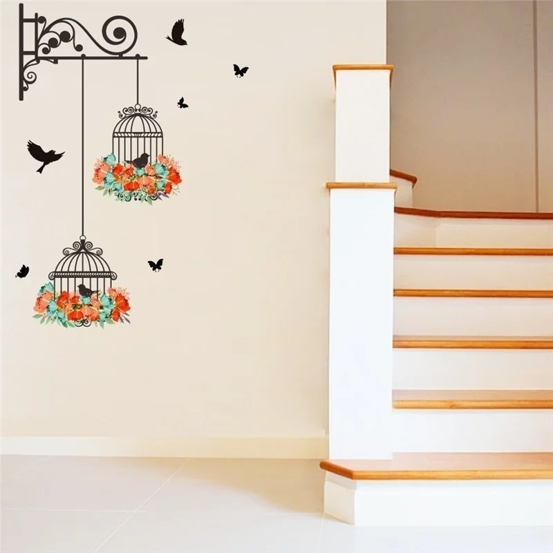 

Flying Birds Plants Adhesive Living Room Wall Bedroom Nursery Window Decoration Colorful Flower Birdcage Wall Sticker Decals