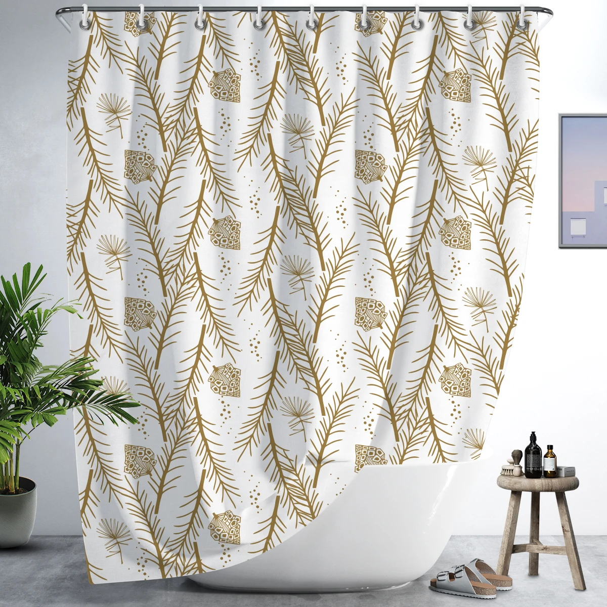 Long Shower Curtain Fallen Leaves Printed Black Bathroom Accessories Duschvorhang Bathtub Decor Durable Waterproof Curtain Hooks