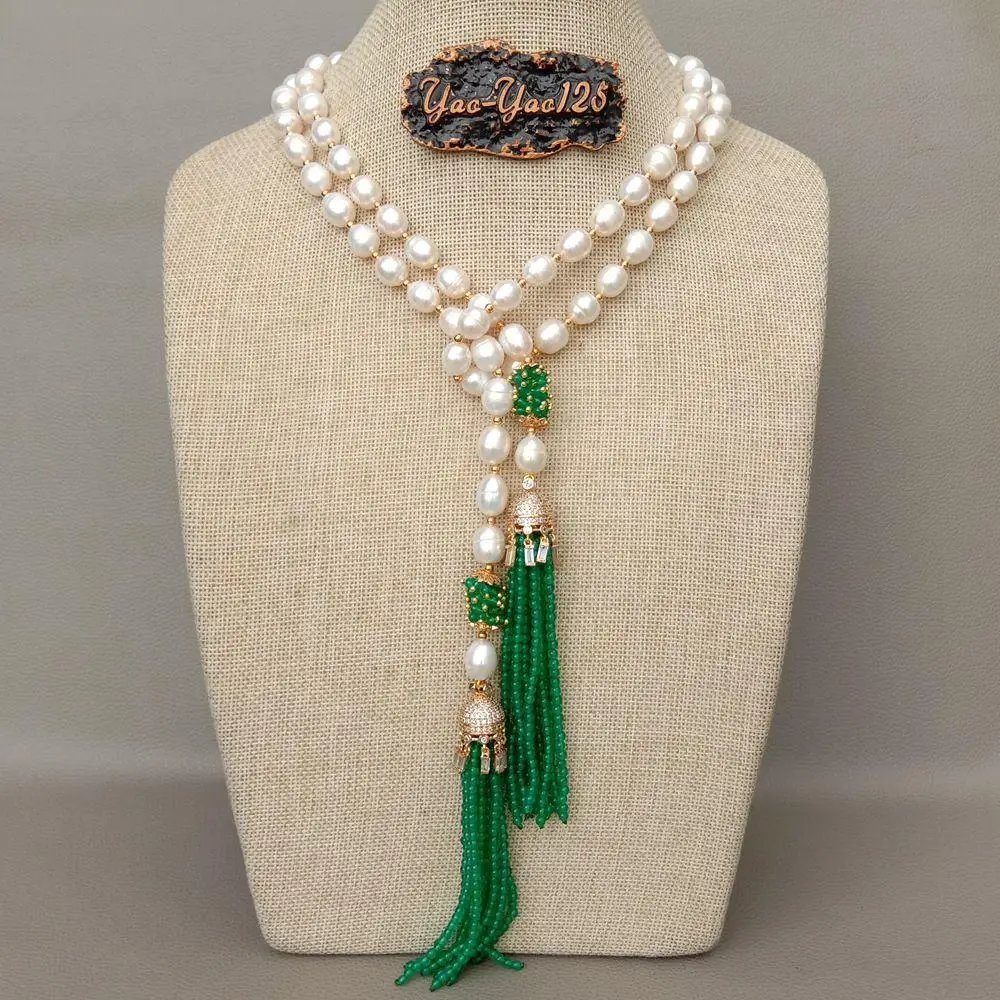 Y·YING 51'' Cultured White Rice Pearl Green stone Tassel CZ Pave Pendant Long Necklace sweater necklace for party women gift |