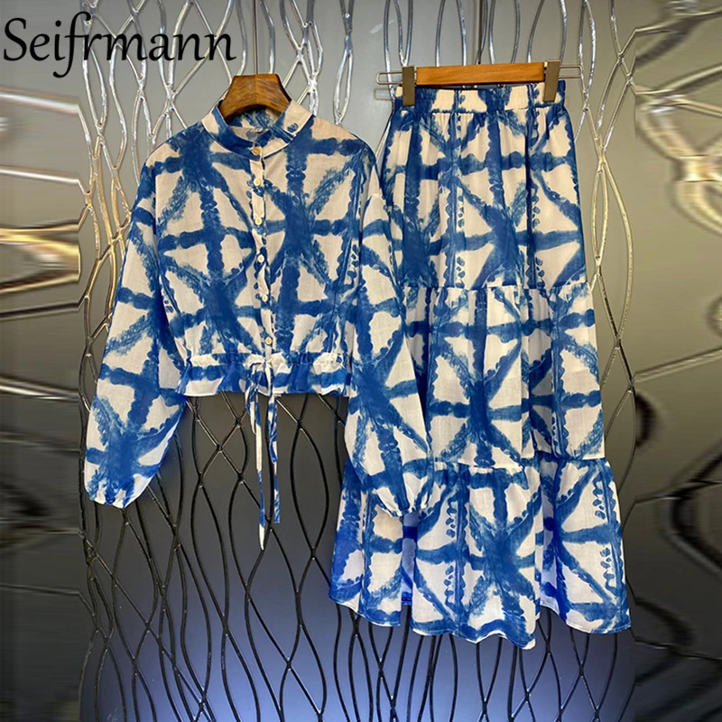 

Женский модельный комплект с юбкой Seifrmann, короткая блузка с рукавами-фонариками и трапециевидная юбка с высокой талией, лето 2021