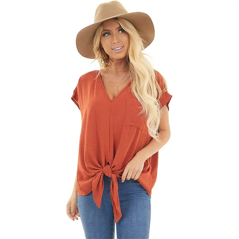

Women Solid Tops Tee Shirts Pocket Bow Chiffon T-shirt 2021 Summer Casual V-neck Loose Short Sleeve Female Soft Tops Mujer