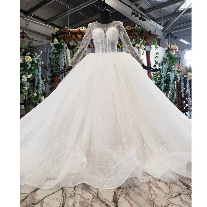 

BGW HT41630 Ball Gown Wedding Dress Long Sleeve Button Back Bead Sequined Illusion Women Wedding Dress 2020 New Vesrido De Noiva