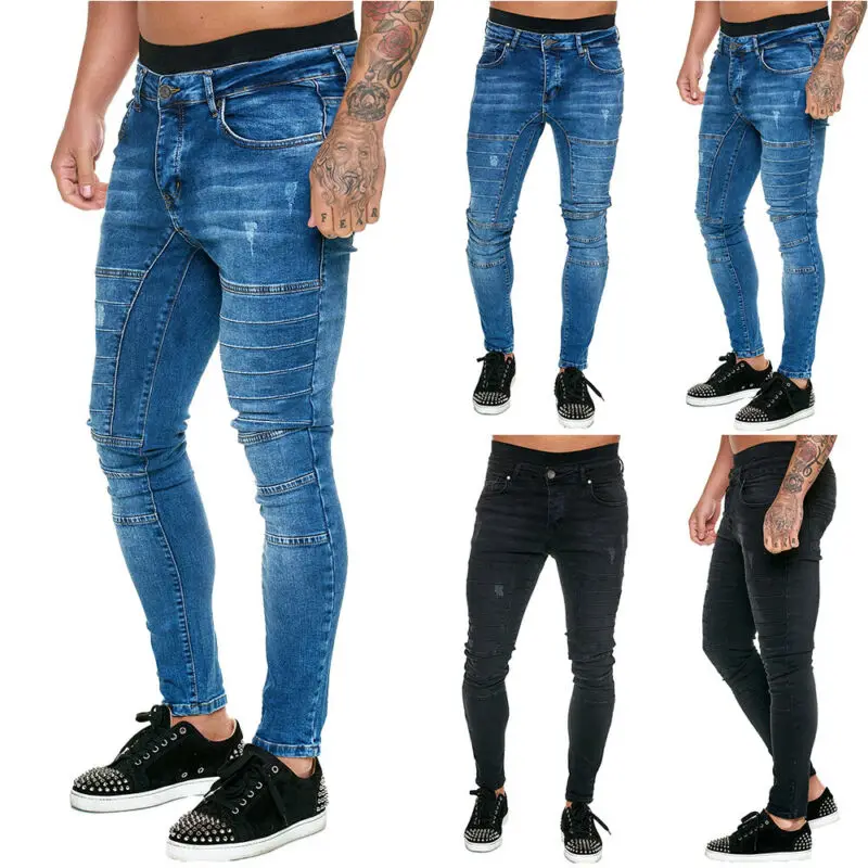 Джинсы мужские рваные мотоциклетные брюки джинсы облегающие тонкие верхняя