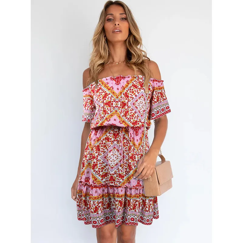 

Summer Women's Dress Fashion Printing Bohemian Short Sleeved Slash Neck Dress