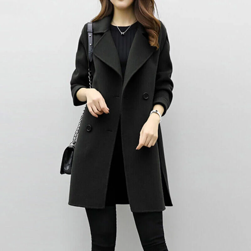 

Tweed Coat For Fall/winter 2021 New Mid-length Solid Color Long-sleeved Double-breasted Woolen Coat Wn*