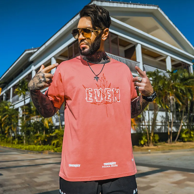 

New 2021 Summer Orange Letter Print Oversized T Shirt Men Loose T-shirt Fat man Tops Crew Neck Cotton Casual Tee Shirt Clothes