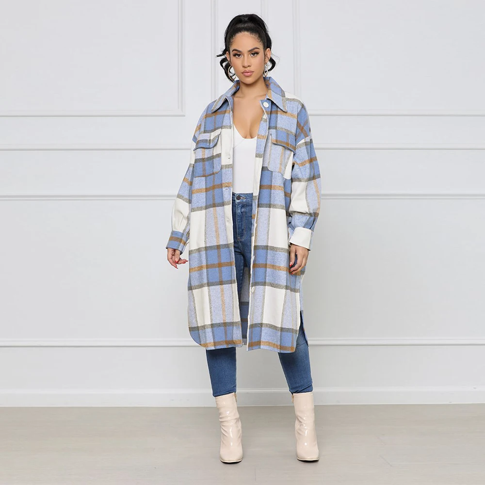 

Autumn Winter Women's Plaid Wool & Blend Coat Simple Turn Down Collar Long Sleeve Jacket Vintage Mujer Side Split Button Outwear
