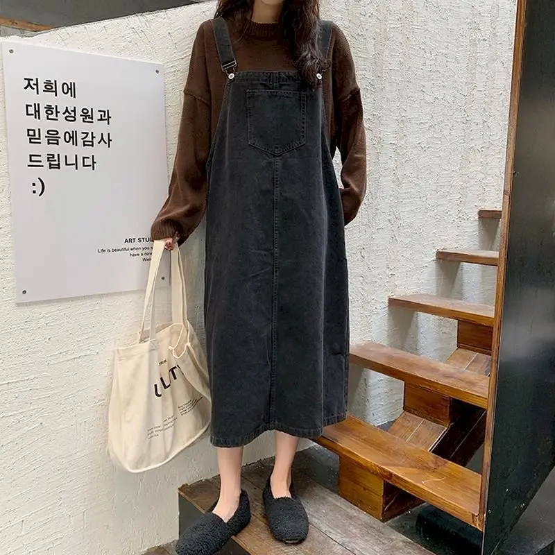 

Mid-length Student Dress Denim Strap Skirt 2021 Spring Autumn New Female Plus Size Fat Mm Loose Oversized Mid-Calf 5XL Cozy