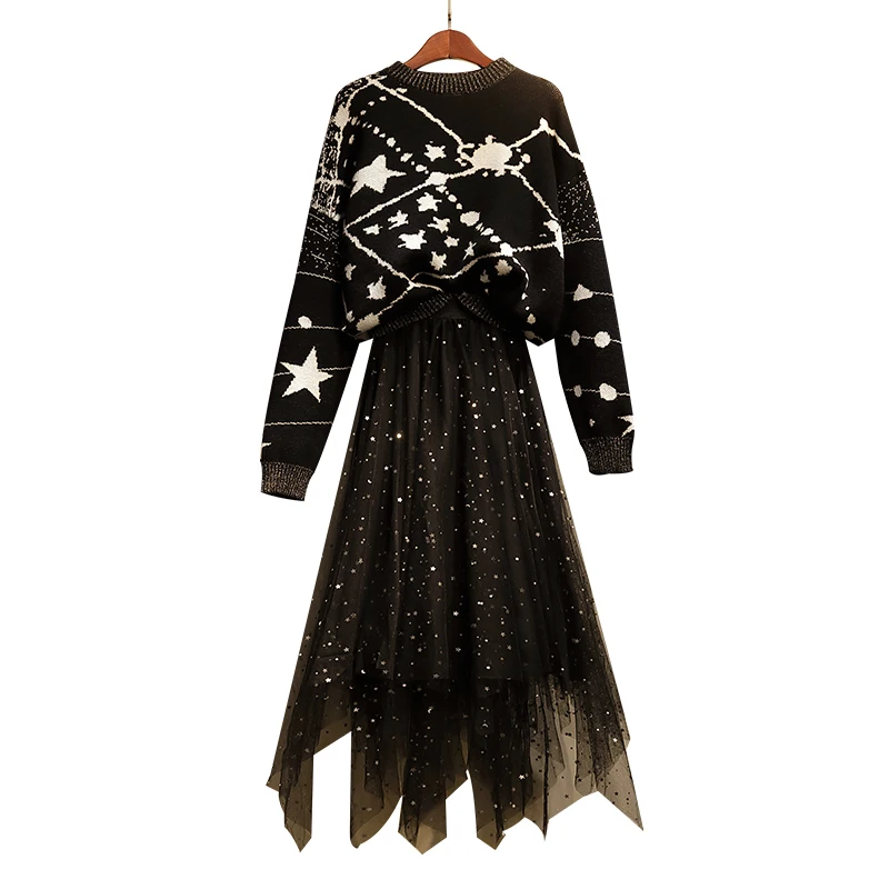 

Winter New Large Size Ladies' Gauze Korean Fashion Pullover Sweater Pleated Skirt Knitted Suits Long Skirts Outfit Women Set