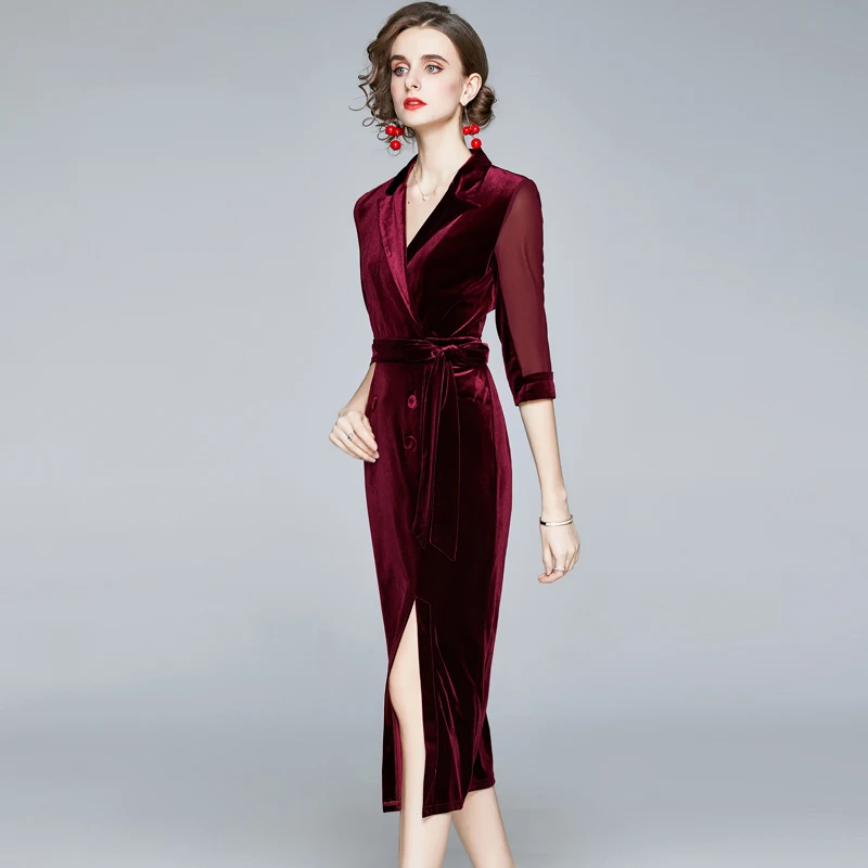 

Women Autumn Dresses Sashes Mid-Calf V-Neck A-LINE Elegant Women Dresses Office Lady COTTON Party Sexy 2021 New Women Dresses