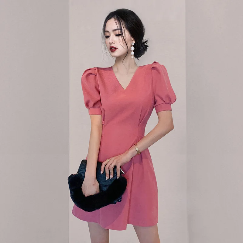 

Summer Dress Elegant Vintage Office Pink Women Dresses Bodycon Bandage Ladies Mini Aline Sundress Party Sexy Korean Clothes