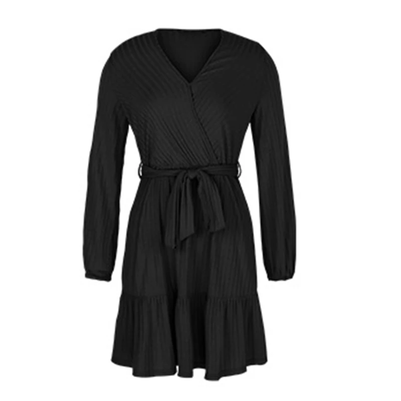 

Women Puff Long Sleeve Faux Wrap V-Neck Black Mini Swing Dress Ribbed Belted High Waist Ruffles Basic Loose Clubwear