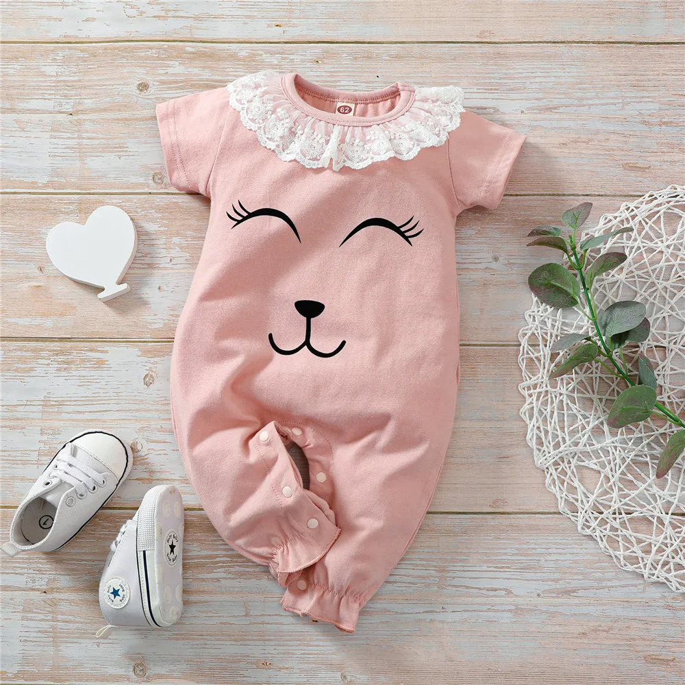 

Prowow Cartoon Baby's Romper Cute Rabbit Clothes For Female Baby Jumpsuit Summer Ruffle Lace Pink Newborn Baby Girl Clothes
