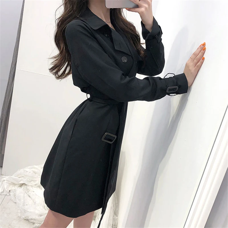 Весенне-осенний Женский Тренч средней длины трапециевидной формы с поясом цвета