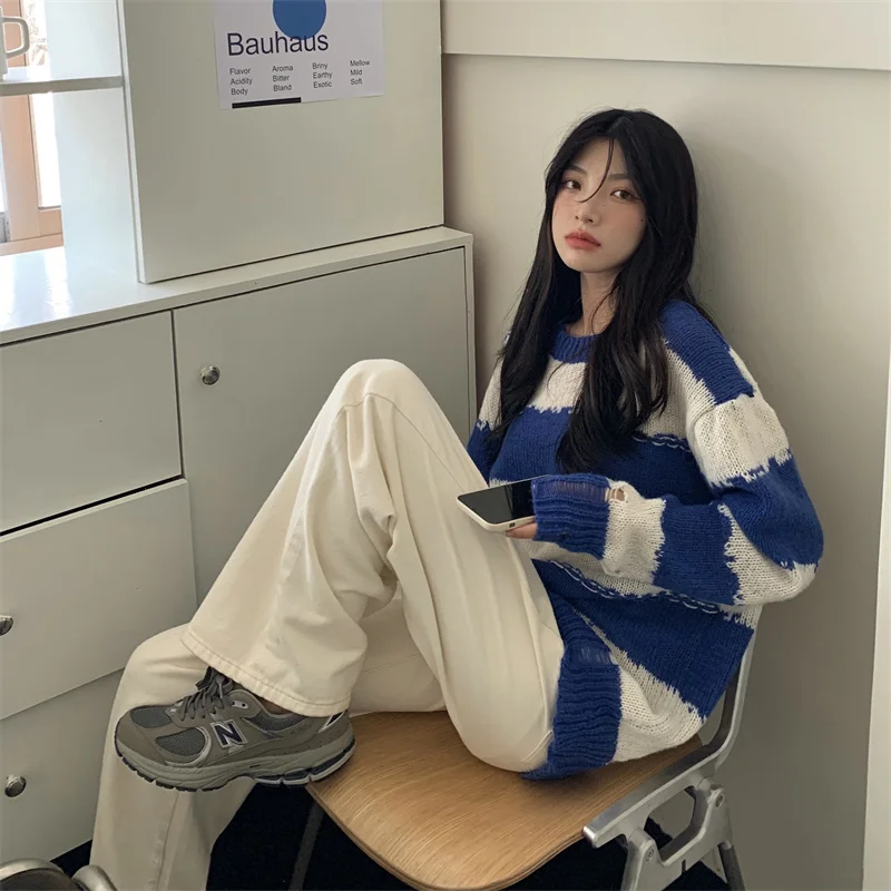 

Hole Striped Sweater Pullover Women Autumn Winter New Loose Outwear Long Sleeve O-Neck Casual Streetwear Jumper Korean Chic