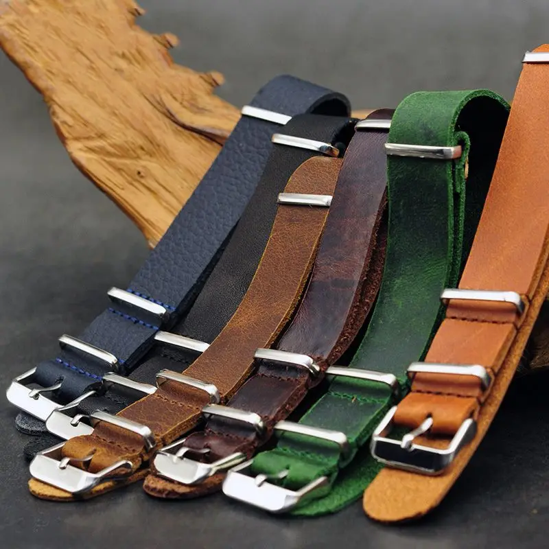 Nato Strap 18mm 20mm 22mm 24mm High quality Gunuine Leather Nato Zulu Strap Watchband For Military Watch Strap With Three Buckle
