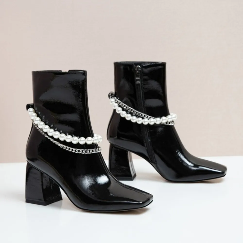 

OLOMLB Womens Square Toe Patent Leather Pearls Chain Zipper Ankle Boots Block High Heel Shoes Black White Luxury New 2020