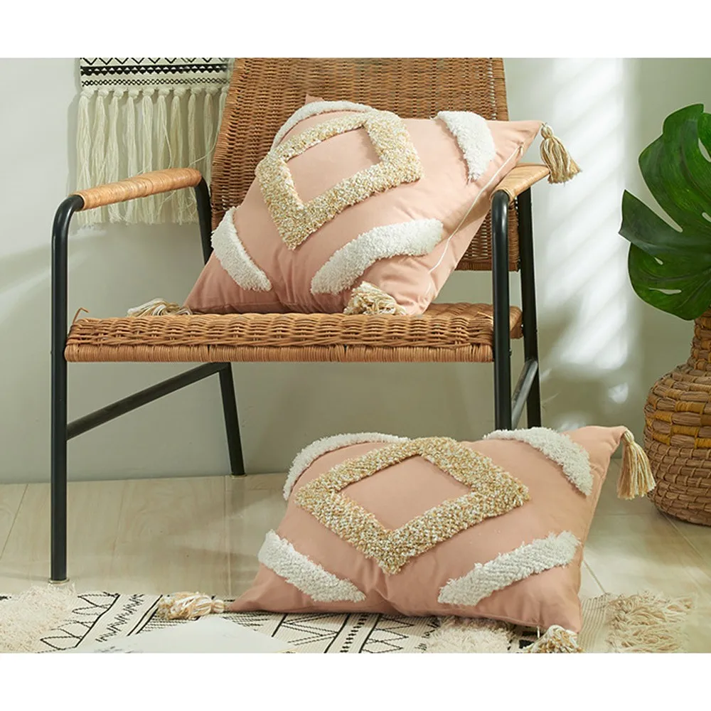 

ADOREHOUSE Turfted Cushion Cover Moroccan Pillowcase Tassels Fringe Square Pink Pillow Cover 45x45cm/30x50cm Home Decoration