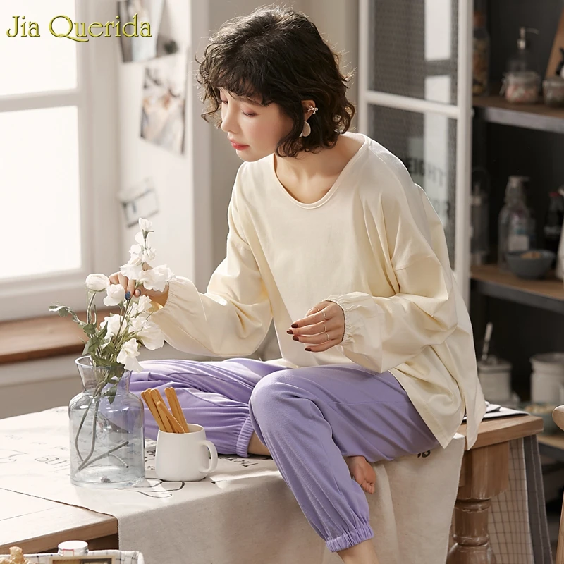 Новая Осенняя Пижама для женщин Хлопковая пижама с длинным рукавом голубой топ