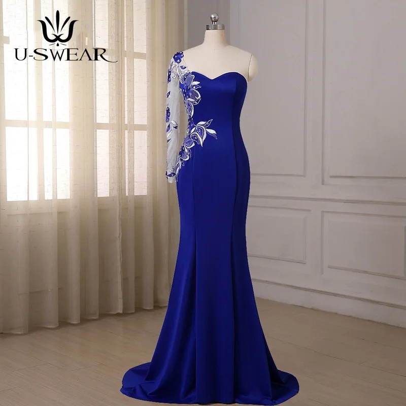 

Royal Blue Mermaid Evening Dresses Sweetheart One Sleeve Applique Formal Dress Backless Evening Party Gown Robe De Soiree