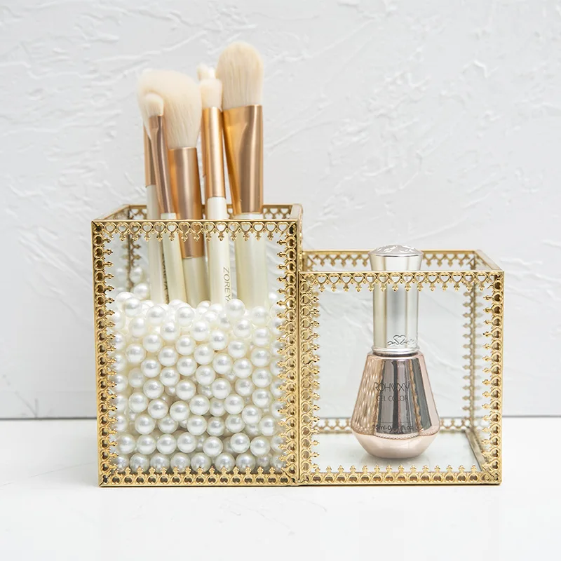 New 2 Grids Glass Makeup Organizer Lipstick Makeup Brush Eyebrow Pencil Holder Case Desktop Cosmetic Jewelry Storage Box