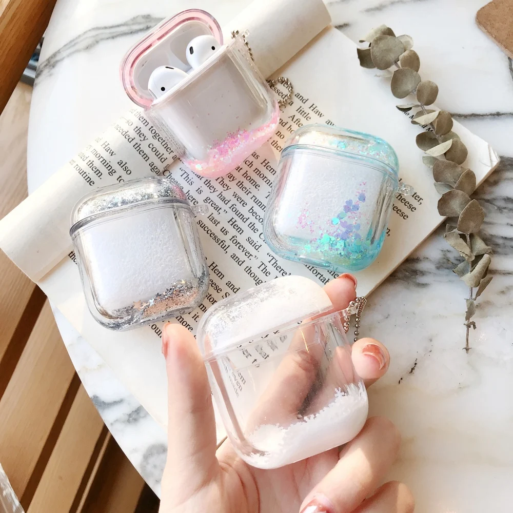 Цветной блестящий чехол с жидкими блестками для Apple Airpods 1/2 прозрачный кристально чистый защитный чехол для наушников с цепочкой